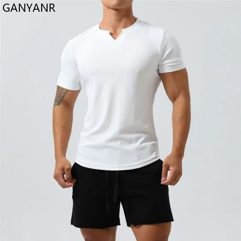 

GANYANR Men's Short Sleeve Running T-shirt Fitness Sportswear Gym Bodybuilding Cool Tee Basketball Training Exercise Sports Top