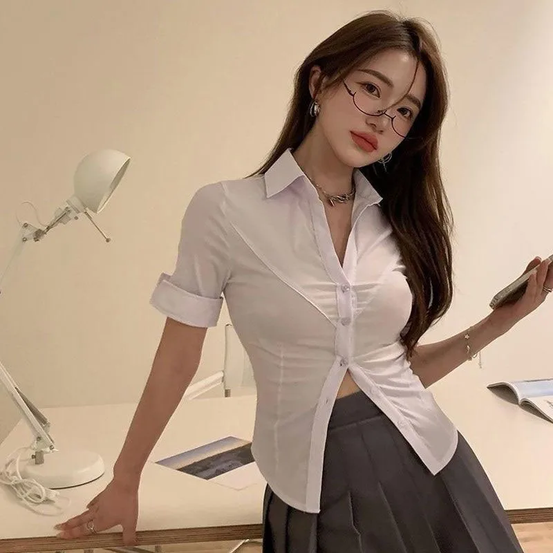 Lucyever Y2K White Women Crop Shirts Sexy Slim Fit Short Sleeve Blouses Ladies Korean Summer New Office All Match Button Top — zdjęcie 6