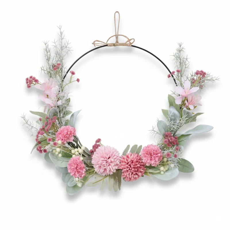 Corona de Alambre de Hierro con Flores Artificiales, Ramo de Hortensias, Dientes de León y Rosas para Decoración de Puerta Principal, Pared, Ventana, Hogar y Jardín