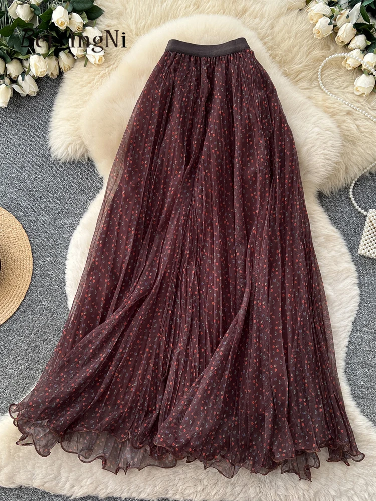 Beiyingni New Arrivals Floral Print Midi Skirts Women Korean Elegant High Waist Mesh Pleated Skirt Ladies Casual Vacation Jupes