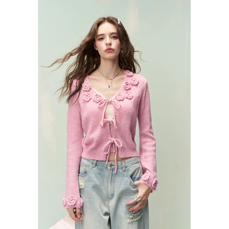 ELFSACK Women's 3D Flower Flared Sleeve 3/4 Sleeve Cardigan Open Front Sweet Casual Knit Sweater
