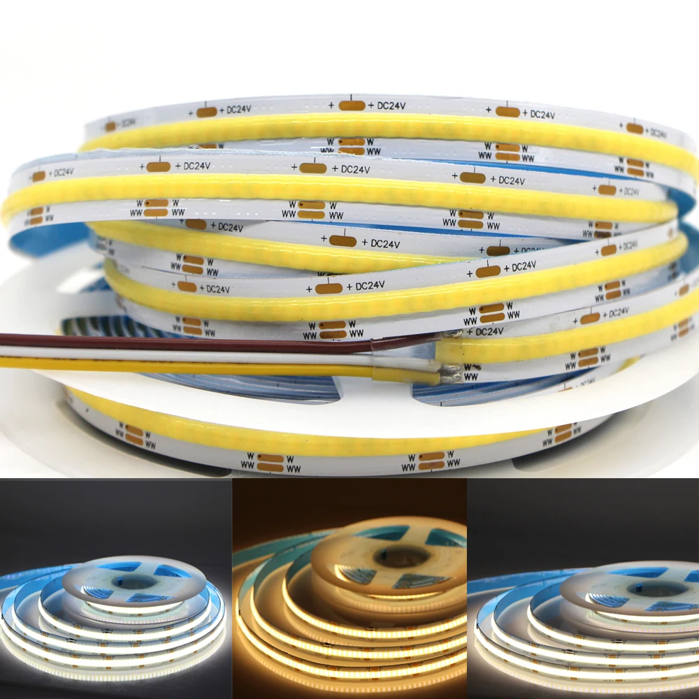 High Density CCT LED Strip COB Dual Colour Warm Cool White Linear Light Bar Flexible 608 LED Tape 12V 24V Room Decor Dimmable