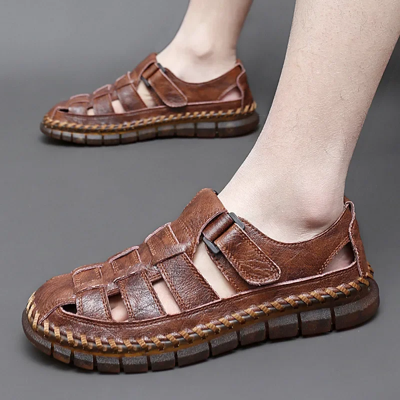 

Genuine Leather Sandal for Men Round Toe Lightweight Comfortable Trendy All-match Breathable Fashion Non-slip Shoes Summer Main