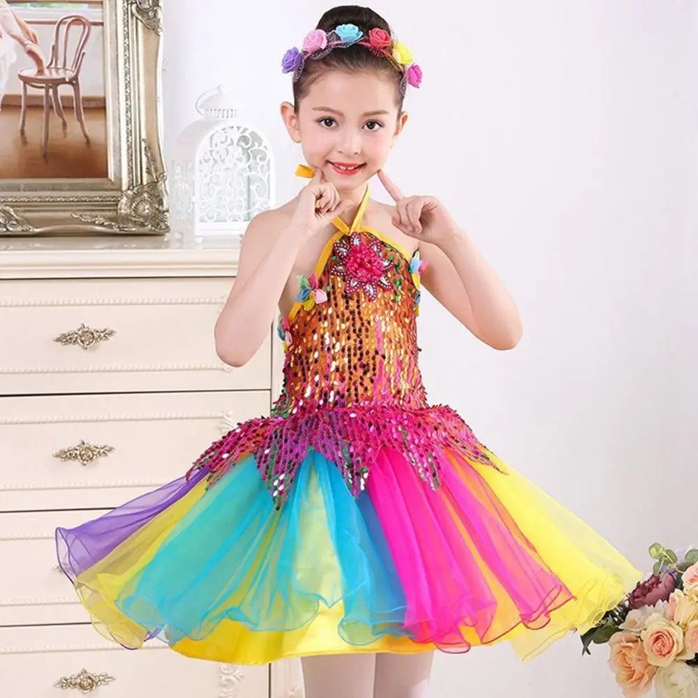

Sequins Girls Stage Dance Costumes with Headwear Wristband Romantic Children Dance Dress Dance Suit Modern Dance Puffy Dress