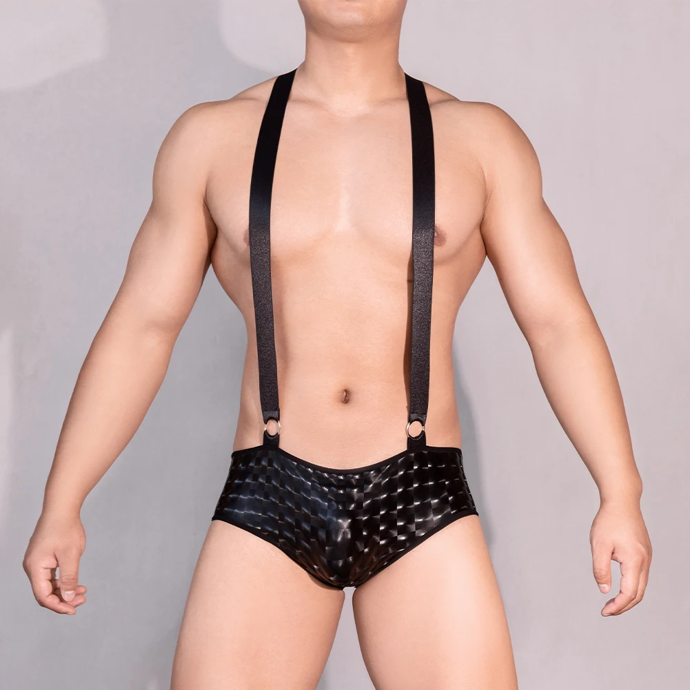 

Men PU Leather Wet Look Boxer Briefs Leotard Erotic Lingerie Straps Body Chest Harness Jumpsuits Hollow Temptation Underwear