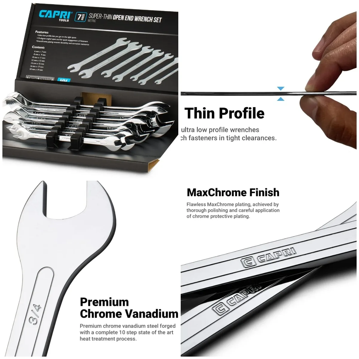 

Super-Thin Open End Wrench Set, Metric, 6 to 19 mm, 7-Piece (11850-7MRK)