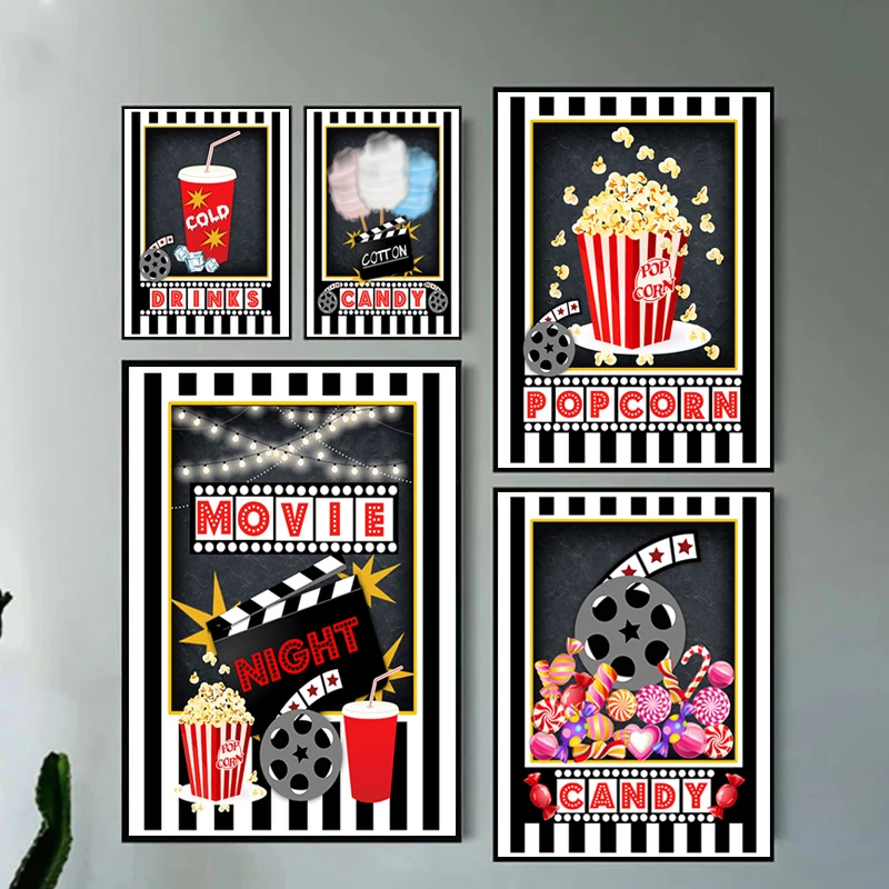 Movie Night Party Logo Posters Theater Wall Art Pictures Popcorn Film Sign Canvas Painting Cinema Art Prints Modern Home Decor