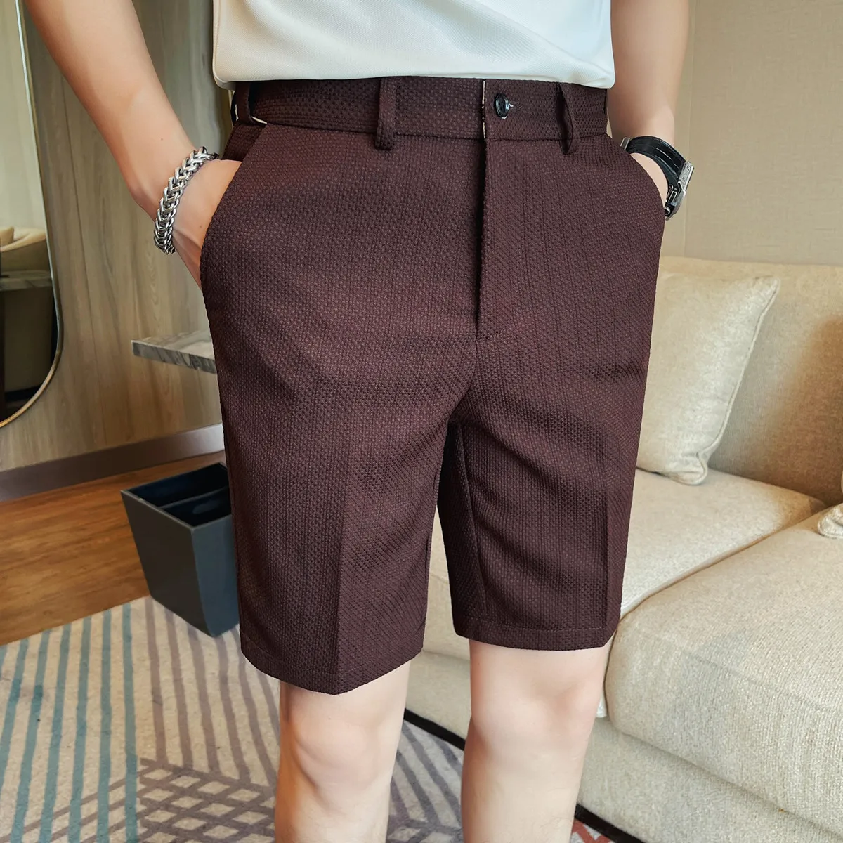 

Летние мужские шорты Корейская мода Полосатые шорты до колена для мужчин Универсальные деловые официальные шорты Slim Fit Office Short Homme