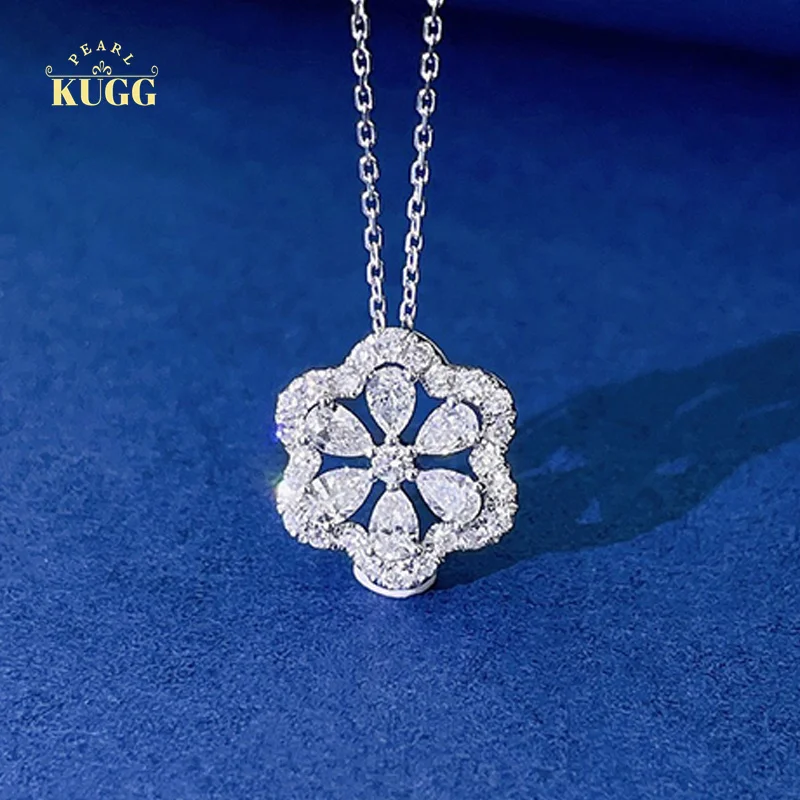 KUGG 18K White Gold Necklace Real Natural Diamond Pendant Luxury Water Drop Shape Snowflake Design Party Jewelry for Women