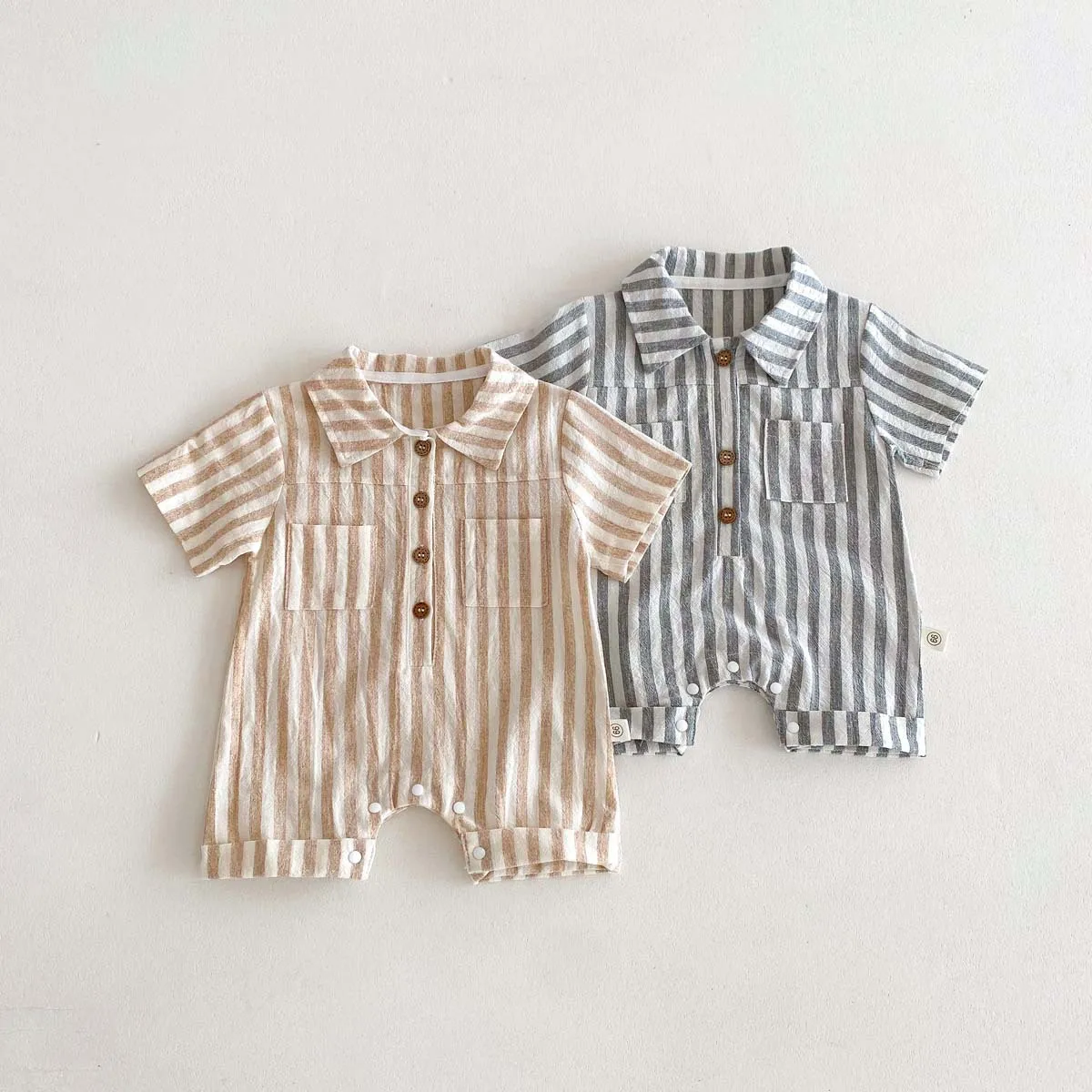 2024 Summer Boy Baby Striped Polo Collar Short Sleeve Romper Thin Girl Infant Cardigan Jumpsuit Newborn Casual Cotton One-piece