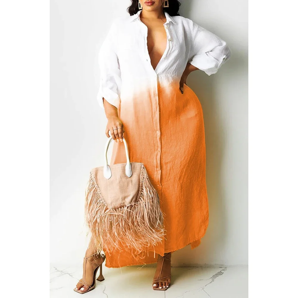 Plus Size Spring Dress Casual Orange White Gradient Lapel Pocket Slit Button Long Sleeve Beach Style Midi Dress