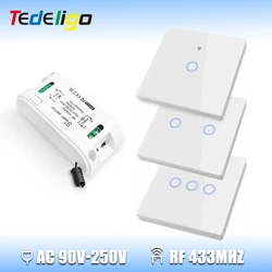 433 Mhz Wireless Remote Control Light Switch RF Controller 220V Relay with Tempered Glass Touch Wall Panels for Ceiling Lamp Fan