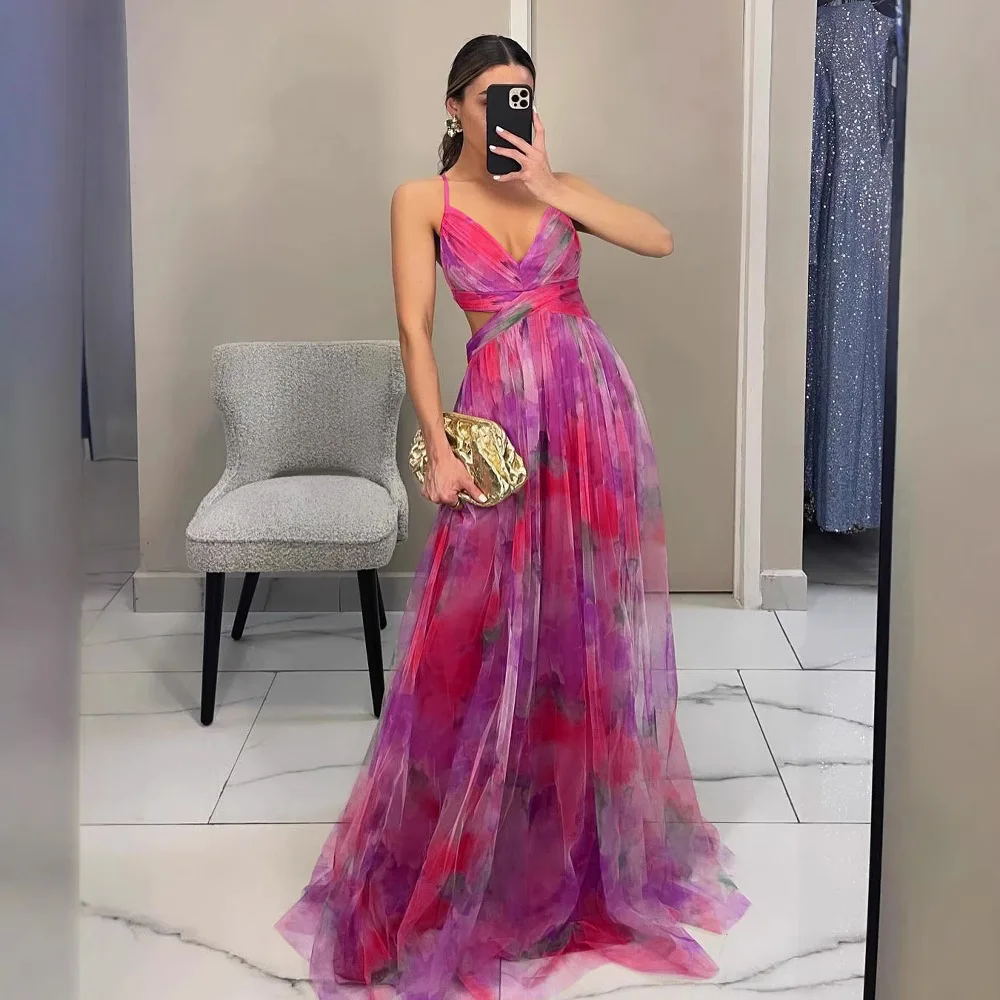 Abito estivo da donna nuovo con cinturino con stampa a rete Abito lungo casual maxi con scollo a V Abito colorato sexy