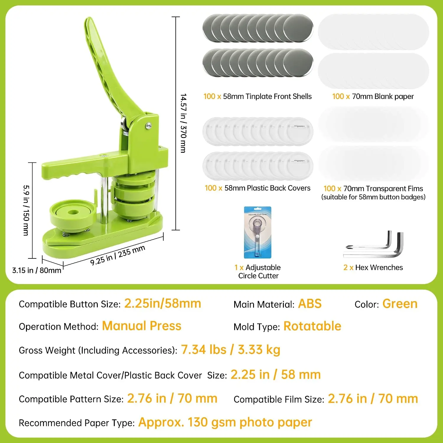 Button Maker Machine 58mm (2.25 in) Installation-Free, DIY Button Pin Maker Machine, Badge Punch Press with Free 100pcs Badge Su