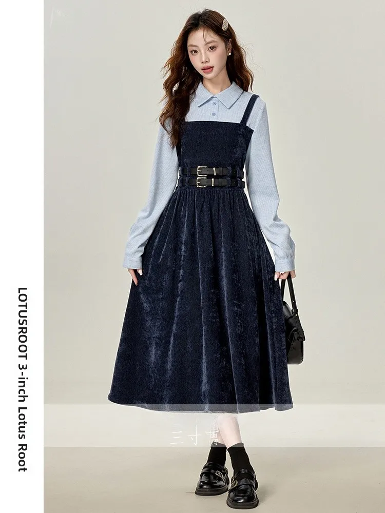 

Stunning Color Blo Fake Two-Piece Dr Vintage Autumn Slimming Long Skirt French Sle Gathered Waist Polyester Fiber