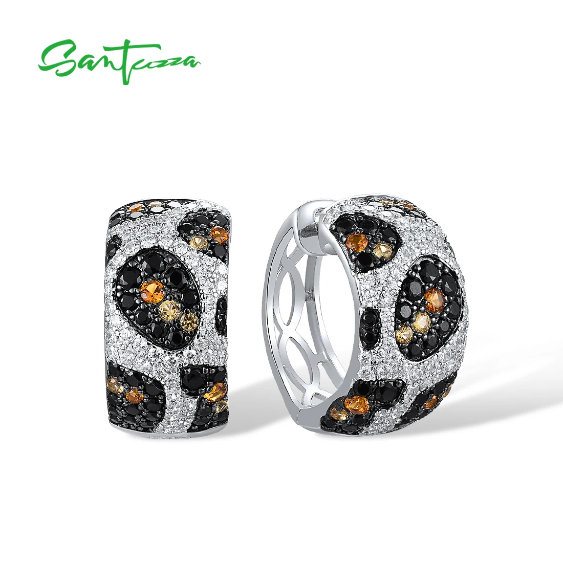 

SANTUZZA Real 925 Sterling Silver Hoop Earrings For Women Sparkling White Black Spinel Yellow Crystal Leopard Gift Fine Jewelry