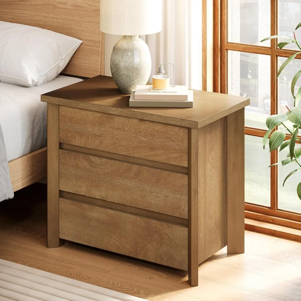 

"Farmhouse Wood Nightstand - Large 3-Drawer Bedside Table w/ Storage for Bedroom & Small Spaces, Easy Assembly"​