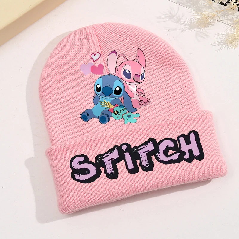 New Stitch Disney Baby Hat Knitted Hats Kawaii Cartoon Printed Cap Cute Girls Warm Beanie Cap Autumn Winter Children Clothing