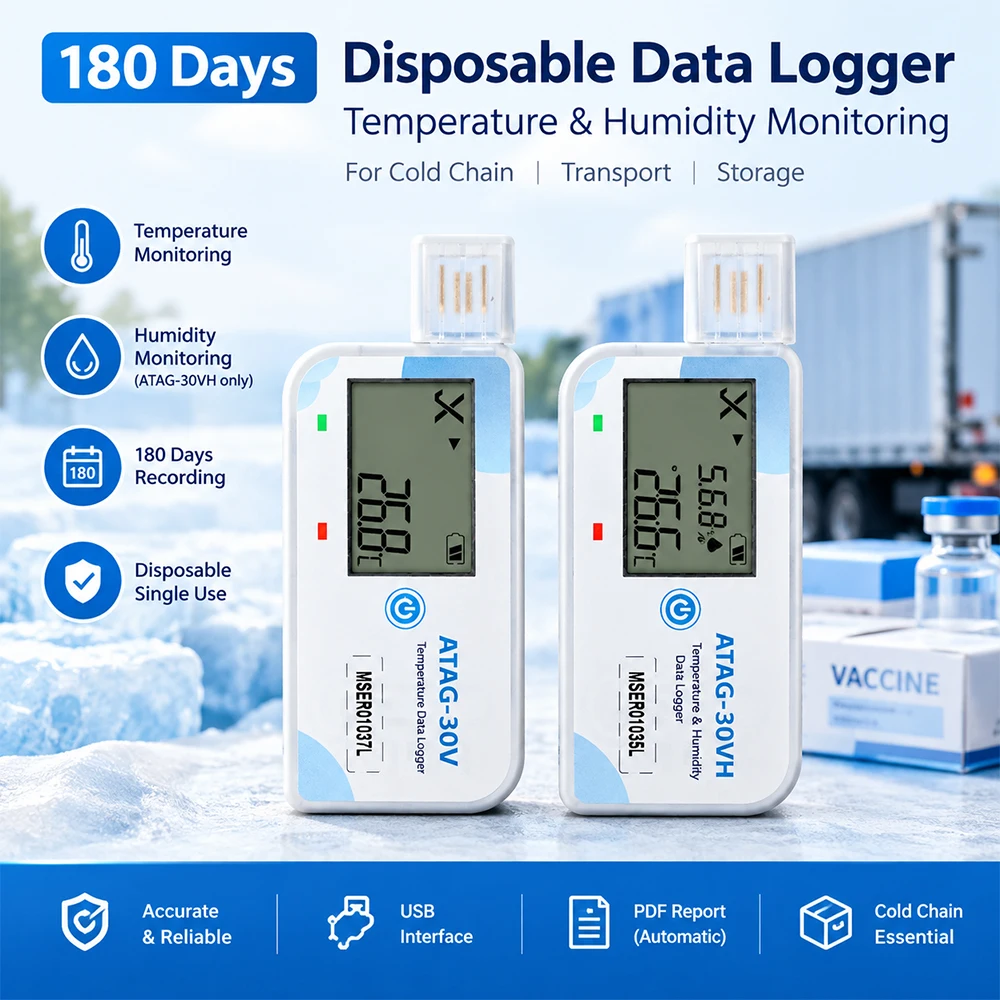 180 Days Temperature & Humidity Data Logger Disposable Single Use Recorder for Cold Chain Storage Transport Monitoring