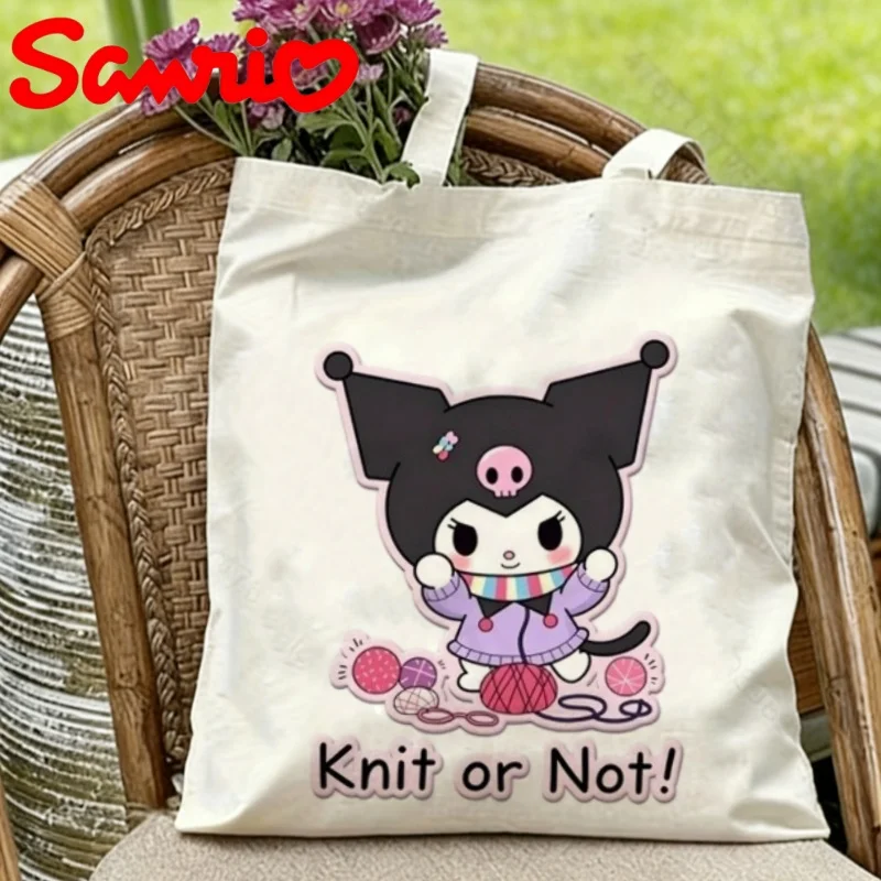 

1PC Kuromi Knitting with “Knit or Not!” Quote Print Lightweight Canvas Shoulder Bag for Daily Use