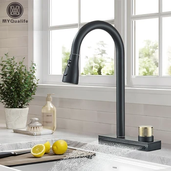 Grifo de cocina negro con lavado de cascada de lluvia, mezclador extraíble de un solo orificio de latón de 4 funciones, grifos de agua fría y caliente montados en cubierta