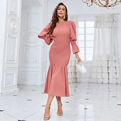 Kobiety sukienki bufiaste rękawy dekolt z okrągłym dekoltem solidny sweter z pulowerem główna ulica Slim Vestidos shring Sexy Wrap pośladki