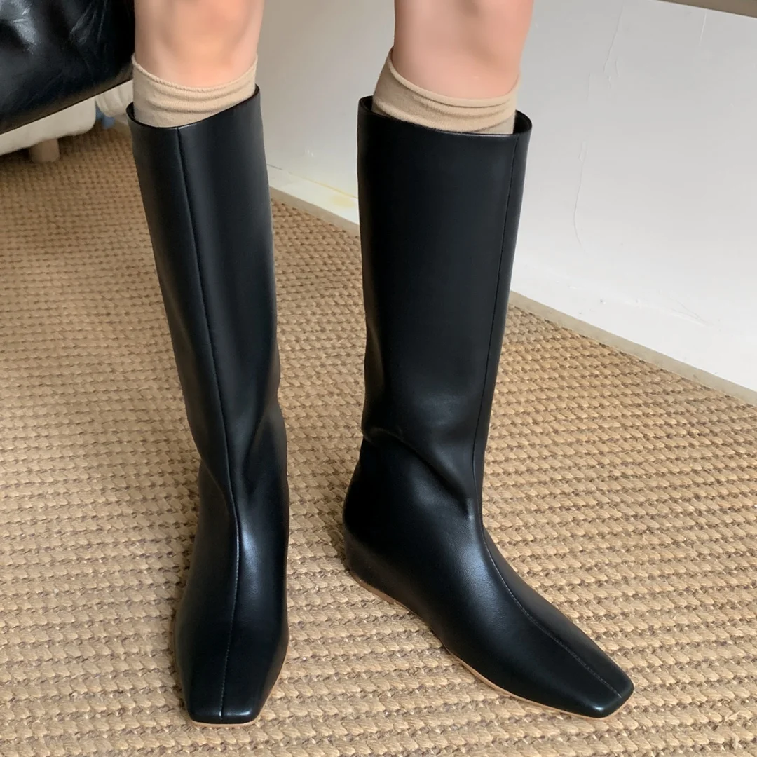 2024 Autumn new women's genuine leather Internal elevation wedge square toe slip-on knee high boots casual female long boots hot