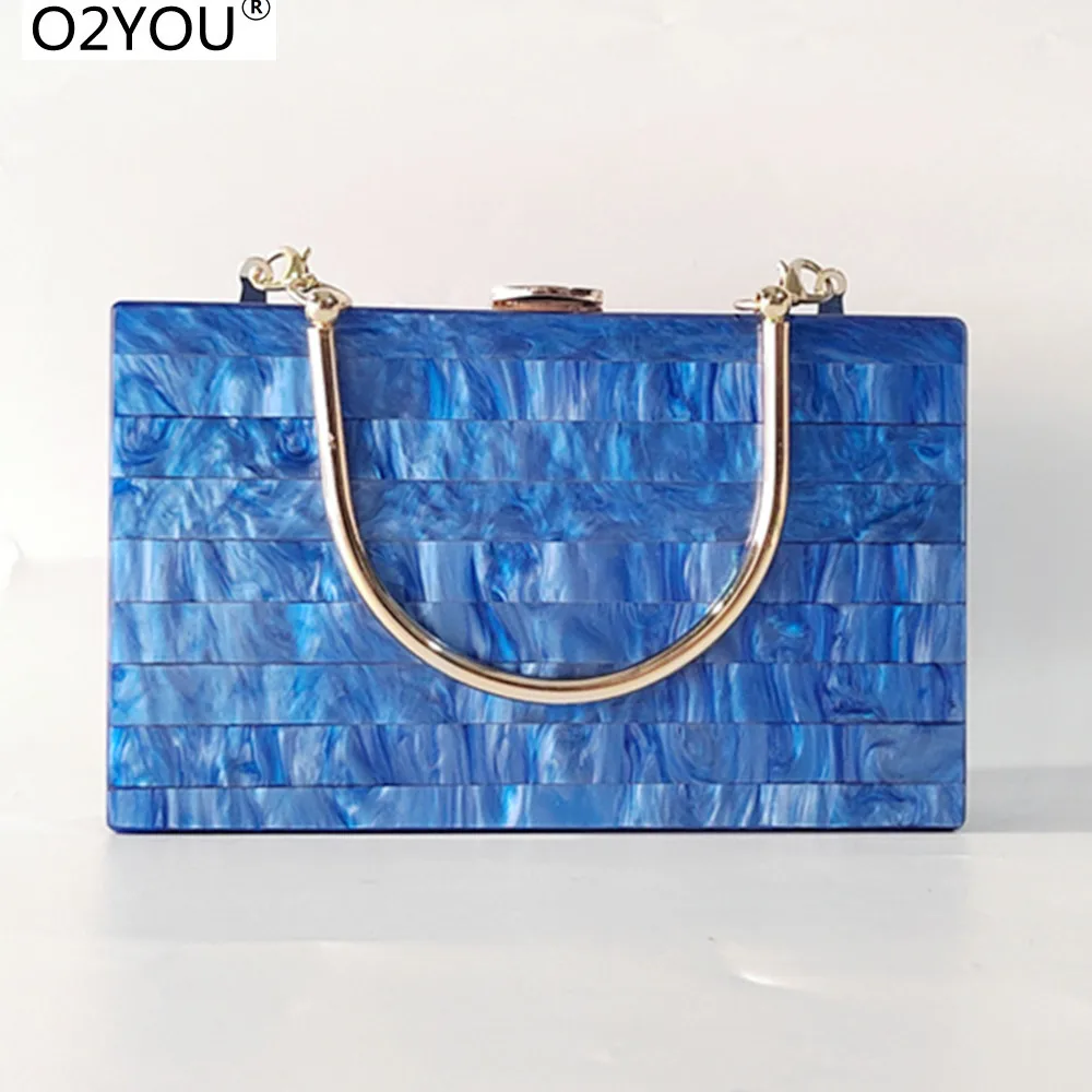 

New Brand Luxury Wedding Party Bag Pearl Blue Striped Acrylic Mini Two Tone Chain Box Bags Flap Evening Girl Lady Handbags