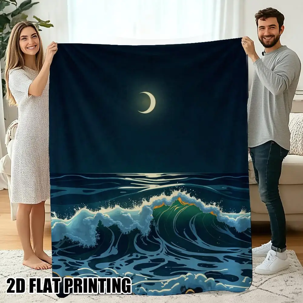 1pc Ultra-Soft  Flannel Blanket - Turquoise Blue & Navy Ocean Waves with Crescent Moon Design - ', Coastal Bedding
