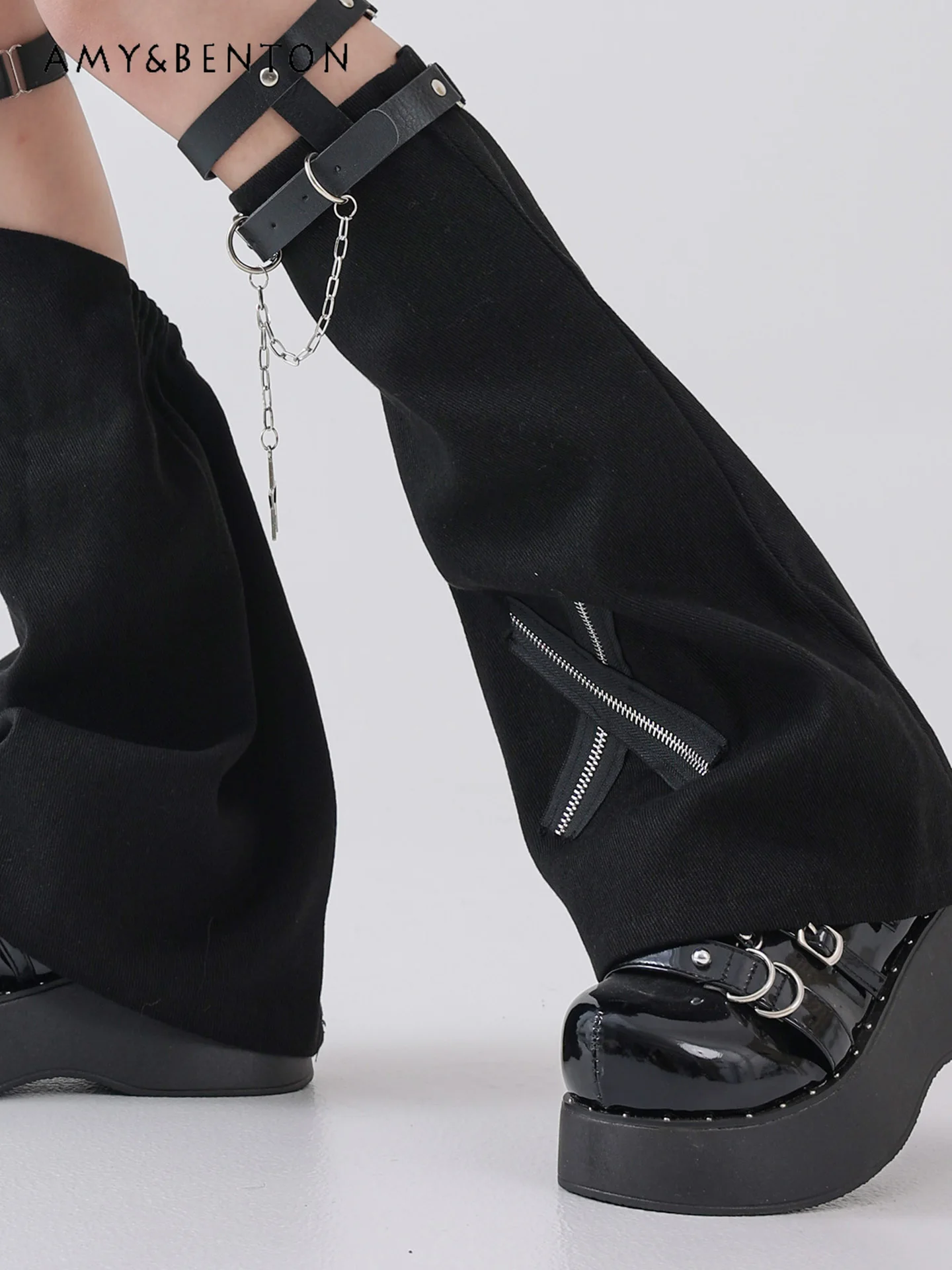 Subculture Black Denim  Thigh High Stockings Harajuku Style Dark Girl Bow Leather Button Spice Girl Trumpet Legwarmers Women