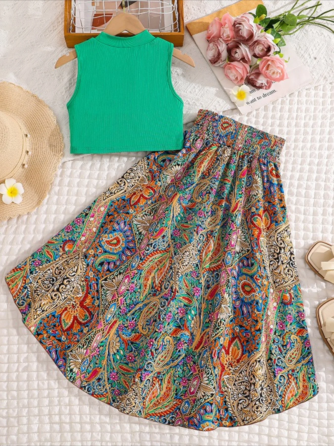 Spring and Summer New Girls' Bohemian Ethnic Style Printed Half Skirt Casual Sleeveless Vest Set