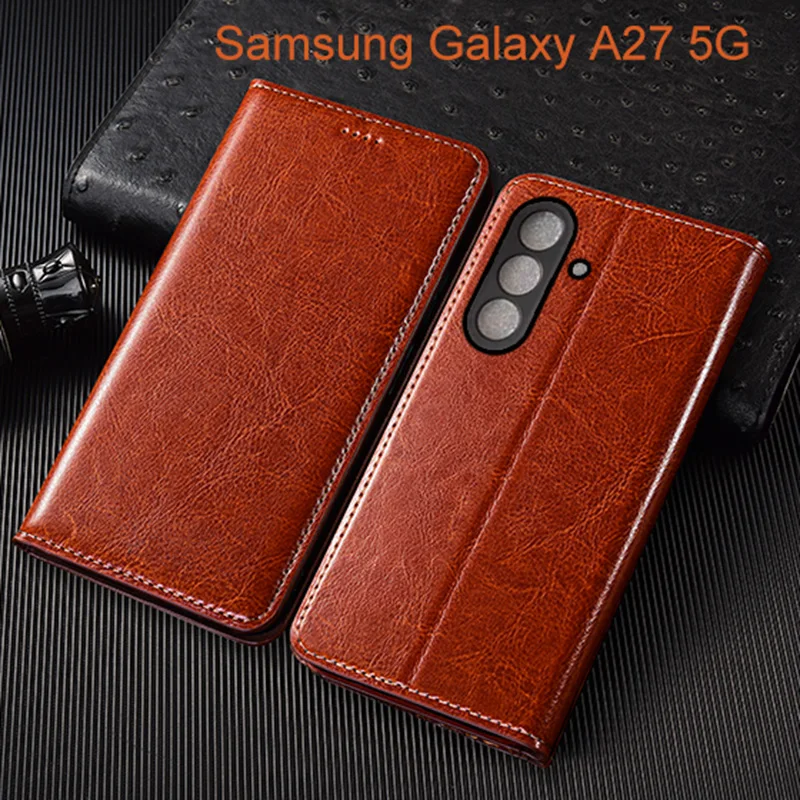 Crazy Horse Genuine Leather Flip Case For Samsung Galaxy A27 Phone Cover Card Cases Scratch Proof