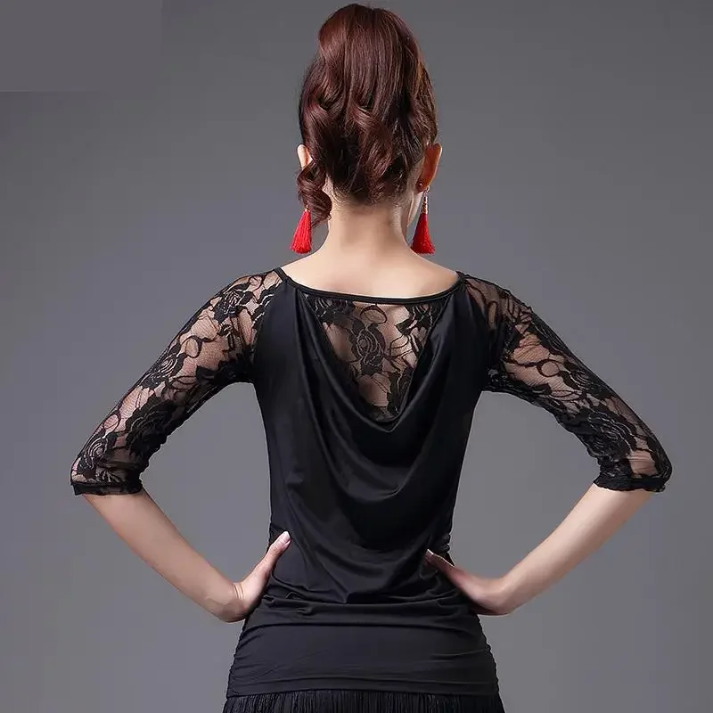 Nuova camicia da ballo latino in pizzo con scollo a v femminile adulto Standard nazionale Costume da ballo da sala Sexy top Performance Practice abbigliamento