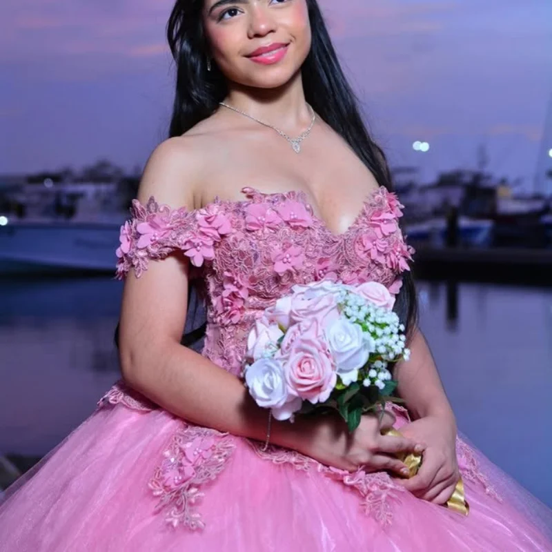 Eenvoudige Roze Quinceanera Jurken Glitter 3D Bloem Decal Kant Gelaagdheid Lange staart Boog Vestido De 15 Quinceaneras
