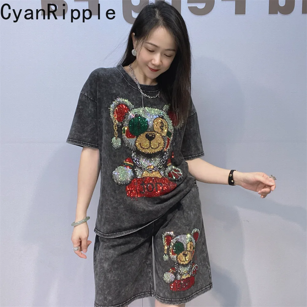 

Fashion Summer Women Two-piece Set Cute Bear Hot Diamonds Loose Short Sleeve T-shirt Top + Elastic Waist Casual Straight Pants