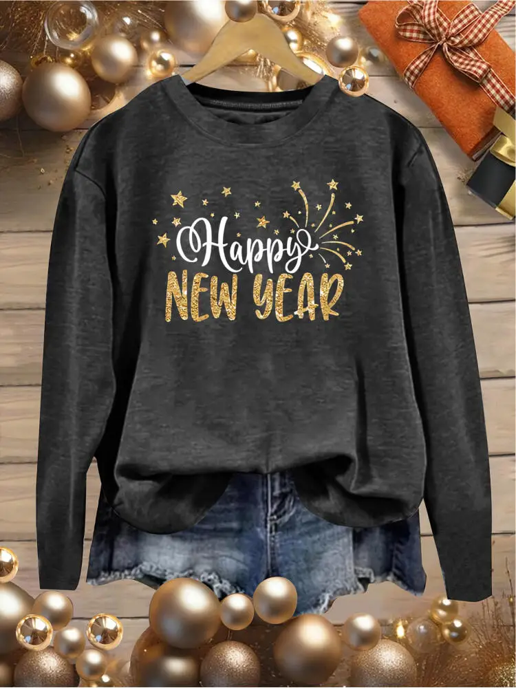Women's Christmas & New Year Print Blouse - Casual Round Neck Long Sleeve Top, Winter Holiday Party Outfit, Machine