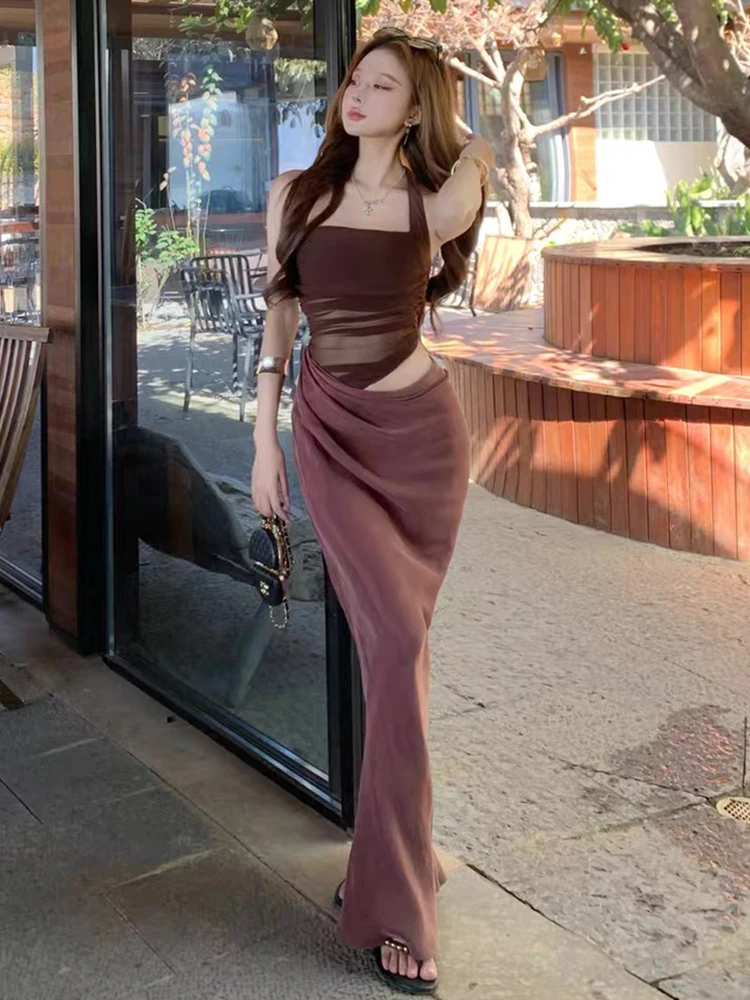 RORORIRI Sexy Mesh Stitch Cut-out Halter Long Dress Women Off-shoulder Backless Pleated Slim Bodycon Dress Retro Holiday Clothes