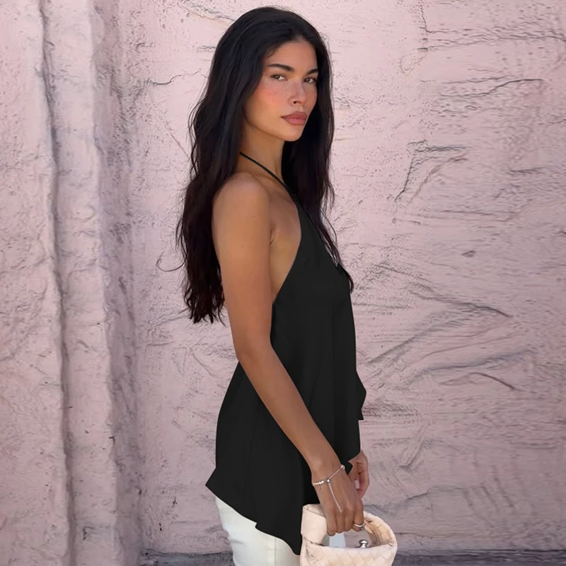 Hugcitar Modisches Neckholder-Top mit Schnürung, Rückenfreies, Unregelmäßiges, Einfarbiges, Sexy Crop-Top für Damen, Niedliche Kleidung für Strand, Urlaub und Party – Detail 21