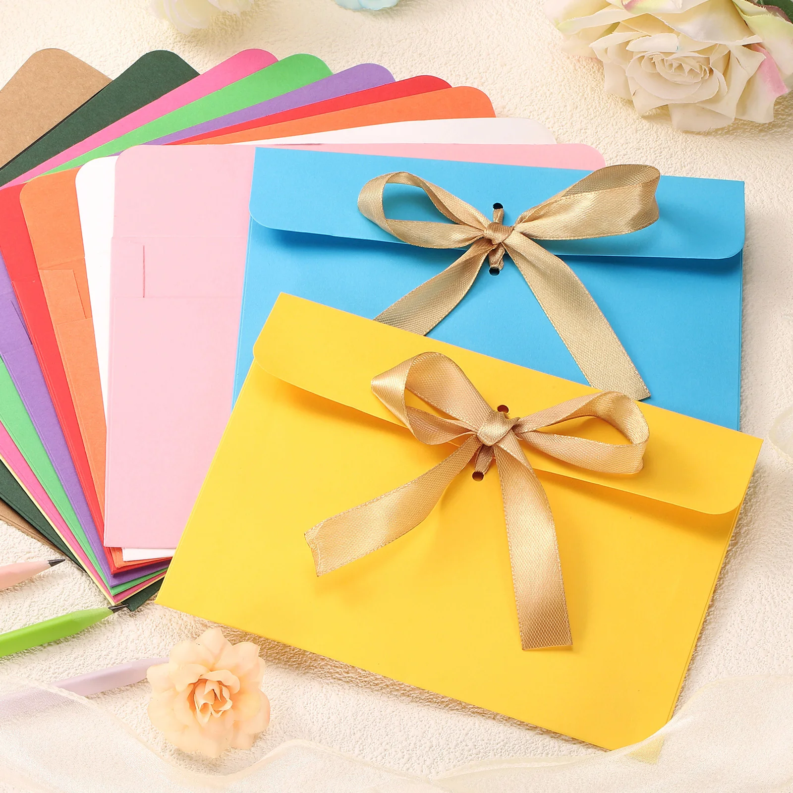 

10Pcs/Set Envelope Kraft Paper Bow Thicken Ribbon Retro Creative Color Stationery Wedding Invited Greeting Cards Gift Envelope