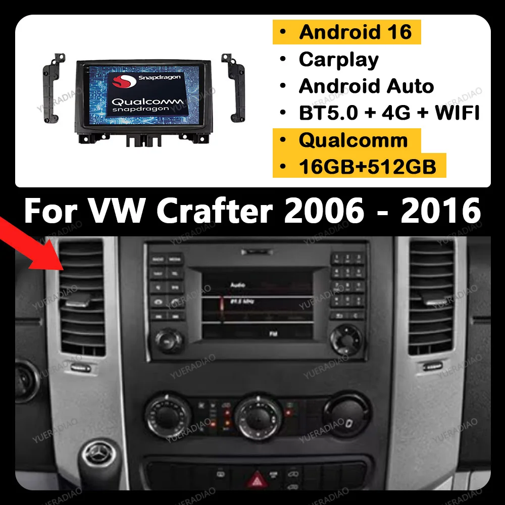 Android 16 Car Radio For Mercedes Benz Sprinter For VW Crafter 2006 - 2016 Multimedia Stereo Video Player 2DIN 4G LTE 5G WIFI BT