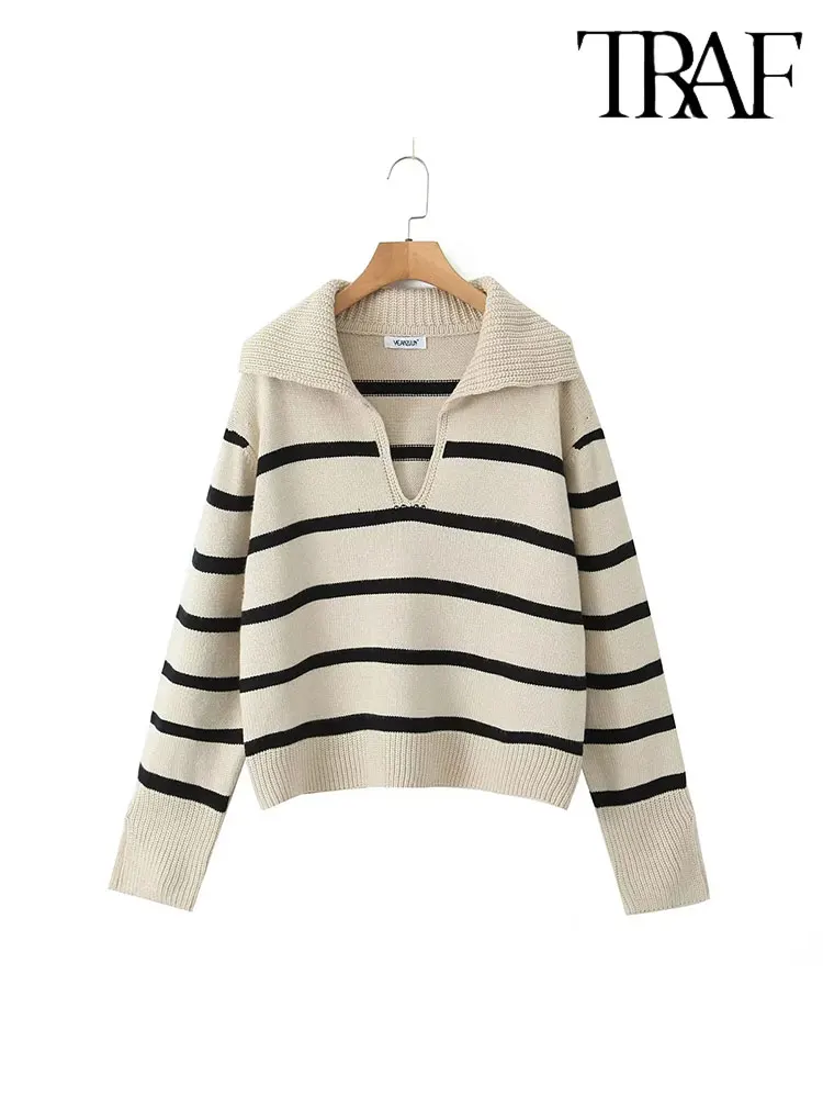 TRAF 2023 Autumn Winter New Lapel V-neck Blended Stripe Cuff Slit Women Casual Pullover Sweater Top