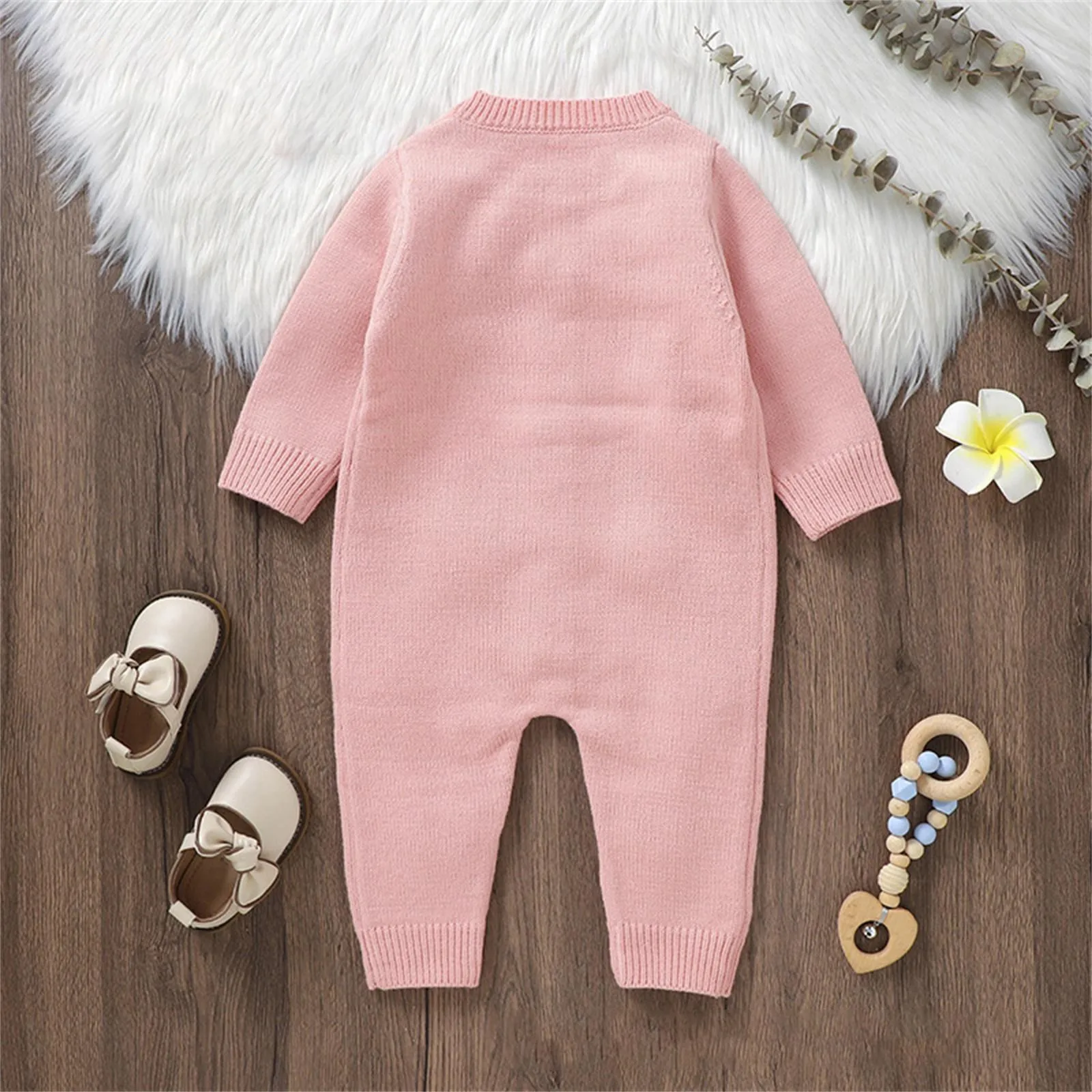 Autumn And Winter Baby Clothing Knitted Jumpsuit Baby Girls Embroidered Flower Print Pink Overalls Baby Girls Jumpsuits 0-18M