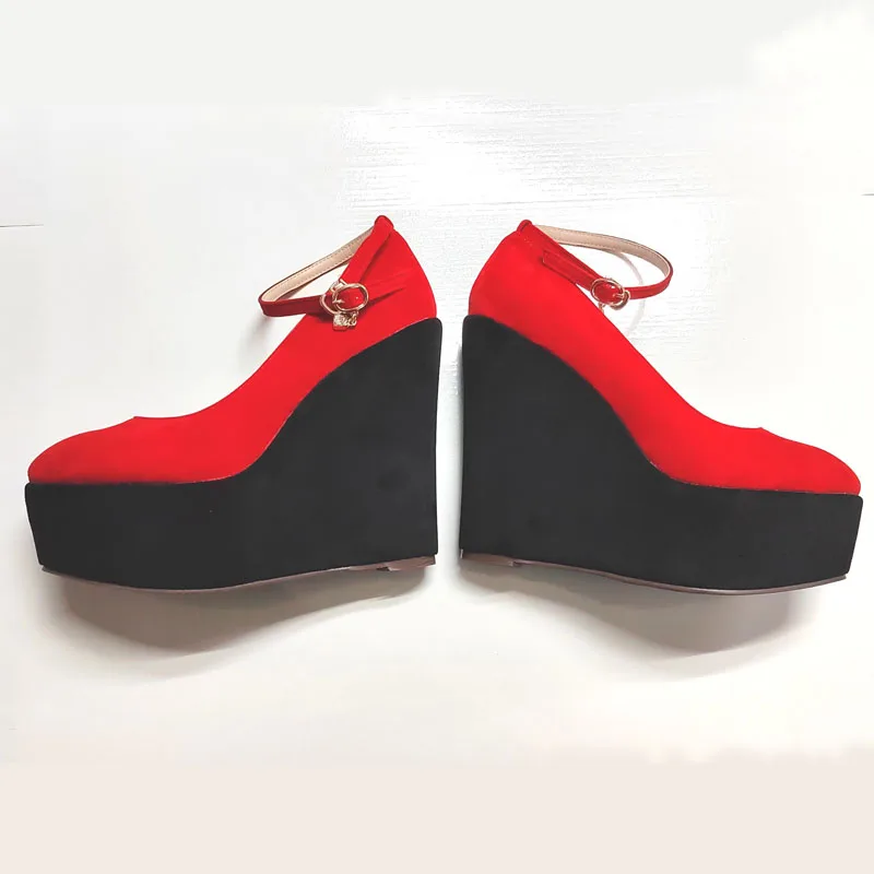 New 2024 Wedges Women Shoes 15 cm High Heels Pumps Red Black Patchwork Design Platform Ladies Shoes Large Size 34-43 WSH5006