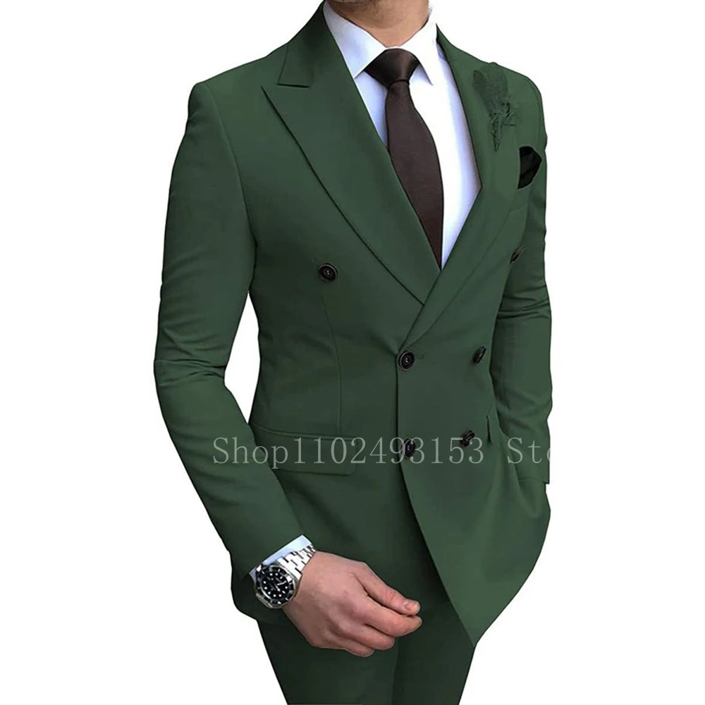 Bespoke Elegant Suits For Men 2 Pieces Beige Peak Lapel Double Breasted Slim Fit Classic Formal Wedding Dress Trajes De Hombre