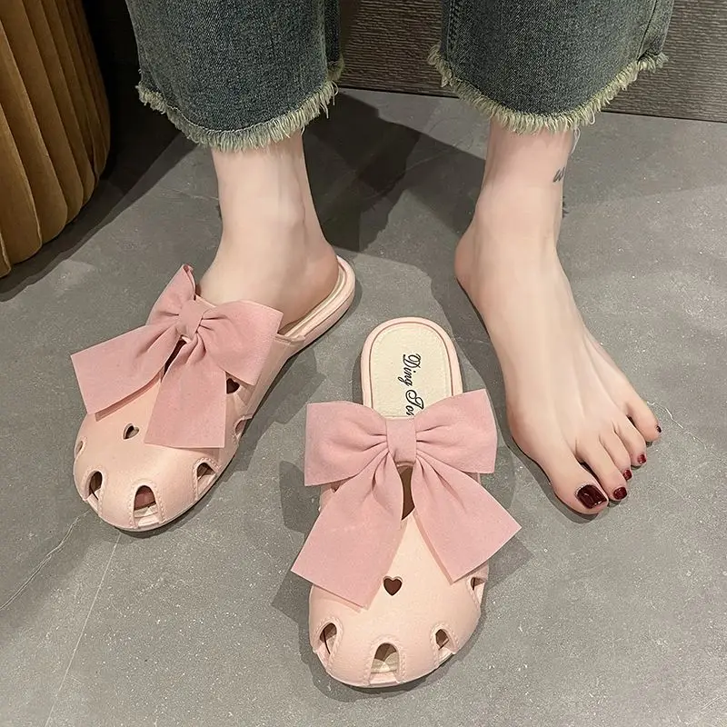 Summer Cute Woman Slippers Mules Slides Kawaii Sandals With Bow Shoes For Women 2024 Round Toe Pink Flat H Sandal Chic Point Hot