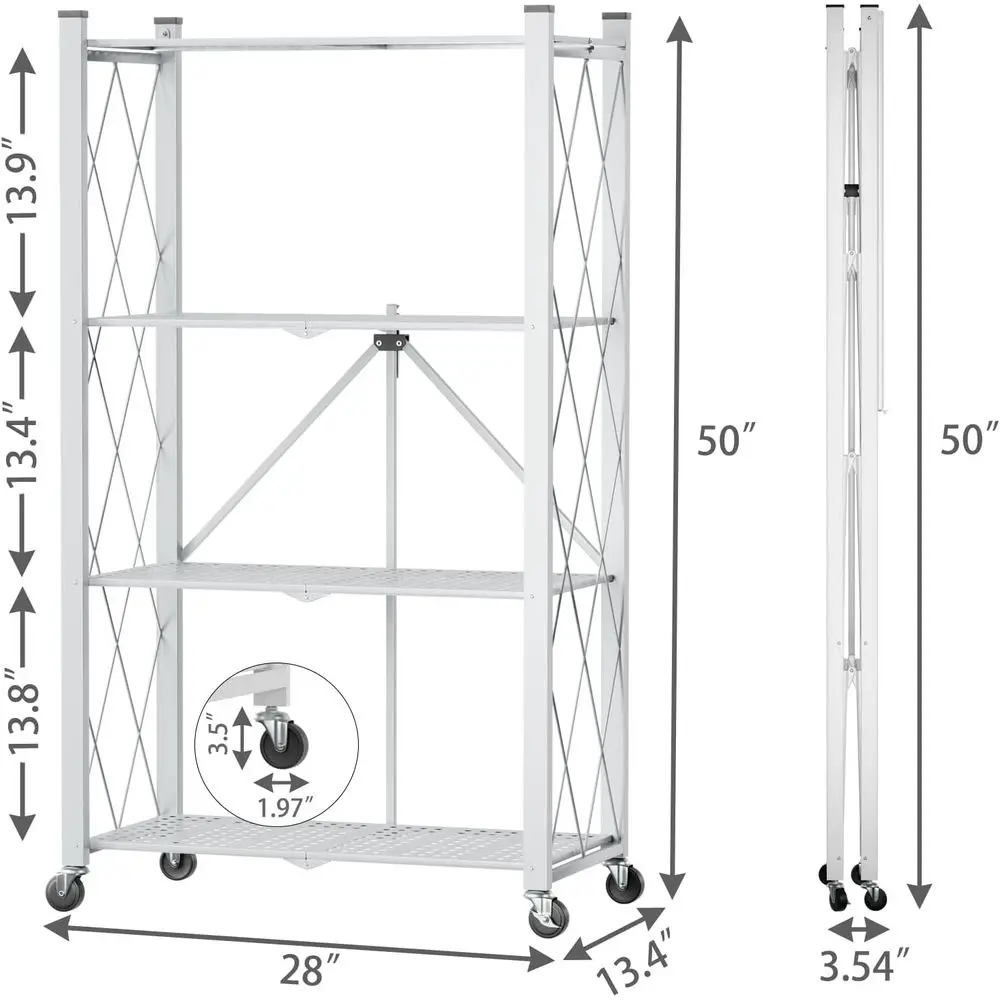 Collapsible 4-Tier Steel Utility Shelf with Wheels, Holds 600lbs, Rolling Storage Rack for Home and Office, White