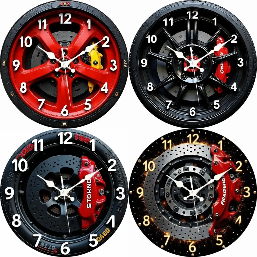 Motorcycle Style 2D Flat Wall Clock Silent Non-ticking 2D Car Wheel Hub Wall Clock Sweep Second 20/25/30cm Quartz Wall Clock
