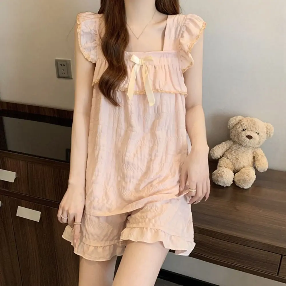 

Breathable Bowknot Sweet Pajamas Set Loose Summer Camisole Shorts Nightdress Homewear with Bra Pad Sleeveless Nightwear Summer