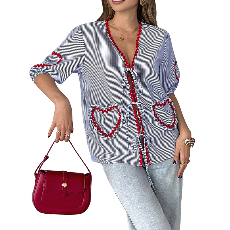 

【SEE】Tie Front Tops For Women Gingham Babydoll Top Puff Sleeve Tops Heart Long Sleeve Cute Summer Tops