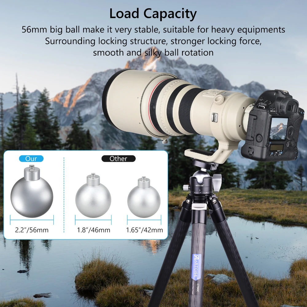 ARTCISE EB56 Low Profile Tripod Ball Head,56mm Ball All Metal CNC 360° Panorama BallHead for Digital SLR Cameras Max Load 40kg - Image 2